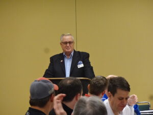Jerald Andrews, President and Executive Director of the Missouri Sports Hall of Fame, speaks during Saturday's reception.