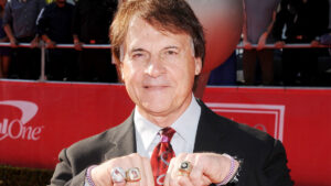 Former baseball manager Tony La Russa shows off his World Series rings.