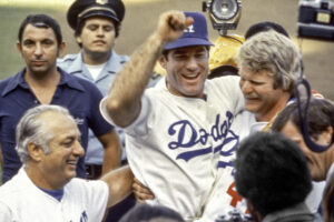 From left, that's Dodgers manager Tommy Lasorda, Steve Garvey and Jerry Reuss. (Courtesy of Dodgers)
