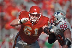Kansas City Chiefs center Tim Grunhard (61) blocks during the Oct. 10 1999 home game against the New England Patriots. The Chiefs won 16-14.