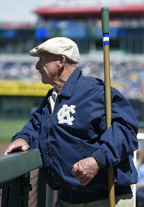 Former Kansas City Royals head groundskeeper George Toma waiting at the gate to work the dirt at first during Sunday's baseball game against the Kansas City Royals on May 17, 2015 at Kauffman Stadium in Kansas City, Mo.