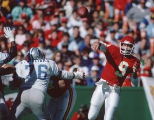 Kansas City Chiefs quarterback Bill Kenney (9) throws the ball downfield during the Oct. 23 1988 home game against the Detroit Lions. The Chiefs lost 6-7.