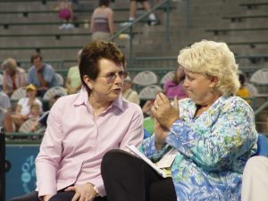 Jodie, right, speaks with legendary tennis star Billie Jean King.