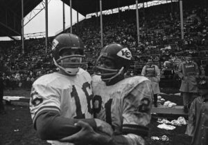 Len Dawson and Mike Garrett enjoy the moment after beating the Buffalo Bills on November 2, 1969.